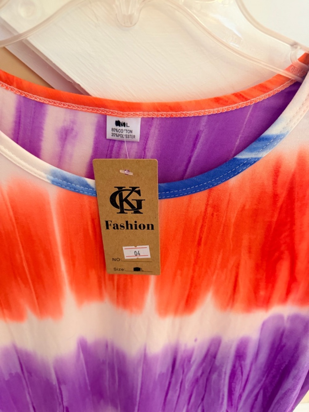 NEW Size Large "GK" Fashion Tie-Dye Short Sleeve DRESS Orange, Purple & Blue NEW - Picture 2 of 5